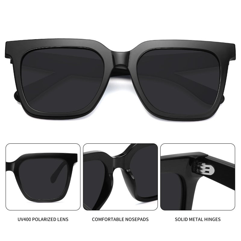 Fozono Large Square Sunglasses Trendy Polarized Sunglasses for Women Men Classic Retro Style UV400 Protection Black - Image 4