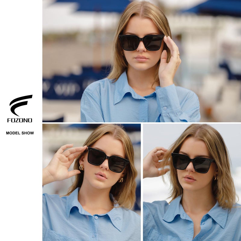 Fozono Large Square Sunglasses Trendy Polarized Sunglasses for Women Men Classic Retro Style UV400 Protection Black - Image 3