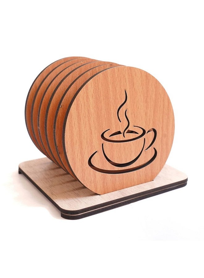 KERMIS Wooden Coaster Set of 6 with Stand Help Prevent Rings or Stains on Furniture Caused by Spills Dining Table Decorative Items for Coffee Tea Cups Glasses Gift Ideas Friends 9.5 x 9.5 cm - Image 1