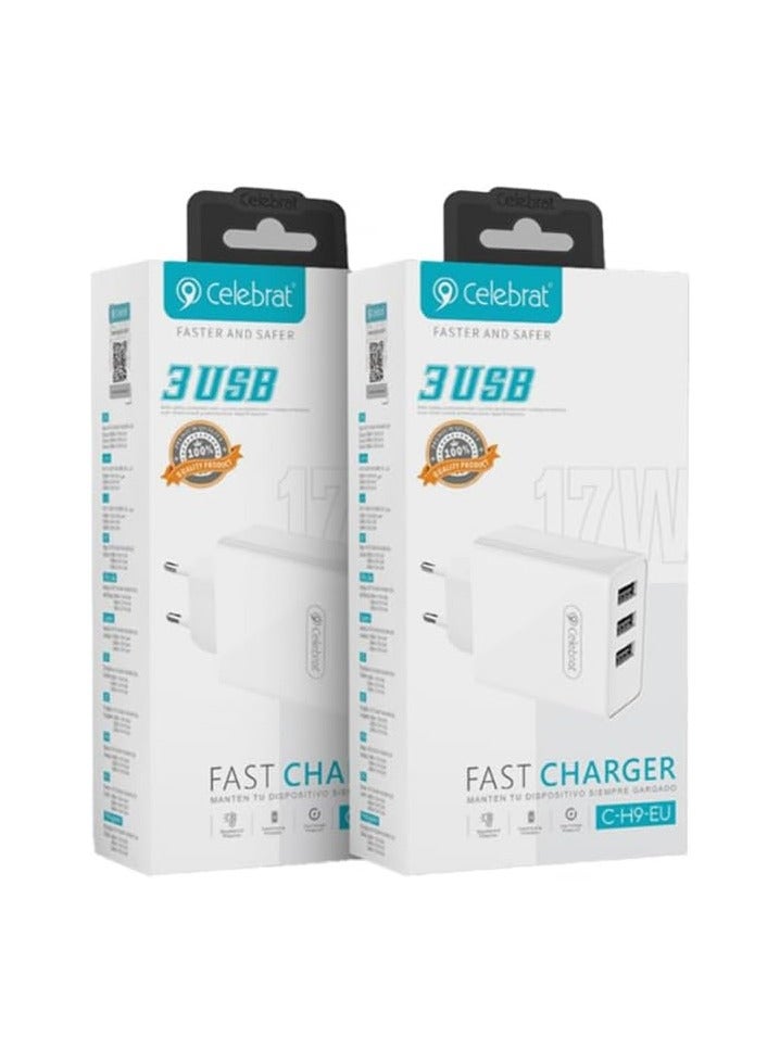 Celebrat Celebrat C-H9-EU Triple USB Ports Fast Charger Provide Megathermal And Short Circurit Protection Fits Various Smart Devices - White  - Image 2