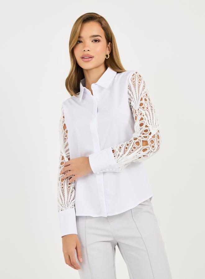 Styli Lace Insert Regular Fit Collared Shirt  - Image 1