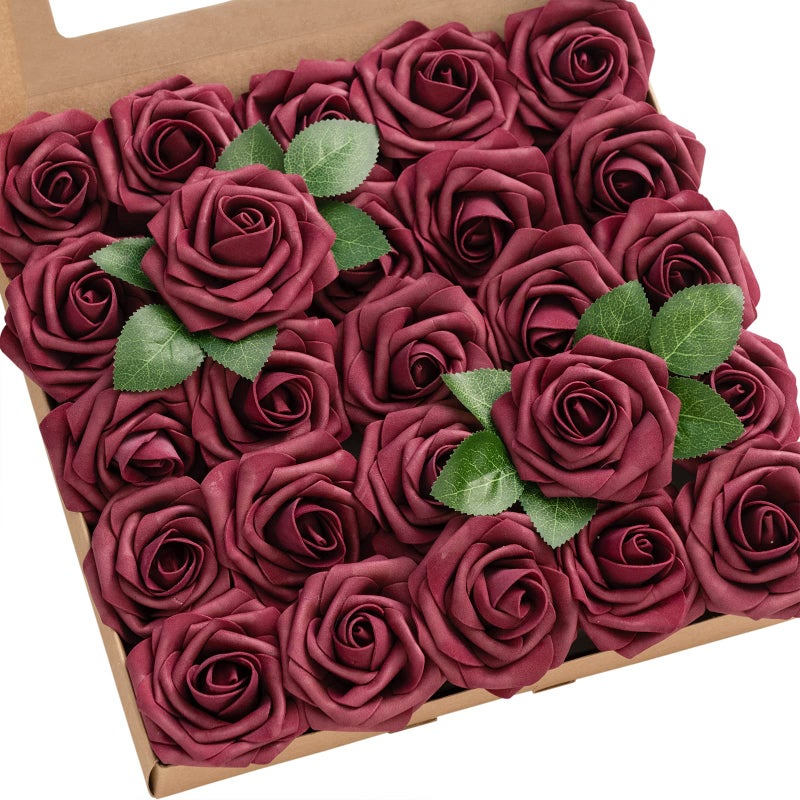 Ling's moment Lings Moment Artificial Flowers 25Pcs Burgundy Roses Decor wStems3 Real Touch DIY Foam Floral for Wedding BouquetCenterpieces Outdoors Party Backdrop RoomTable and GardenPot Decorations 