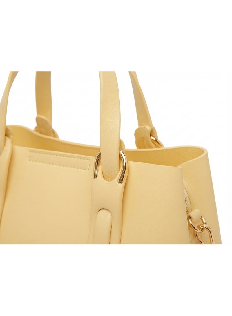 Women's Structured Faux Leather Handbag with Gold-Tone Accents, Light Yellow - Image 2