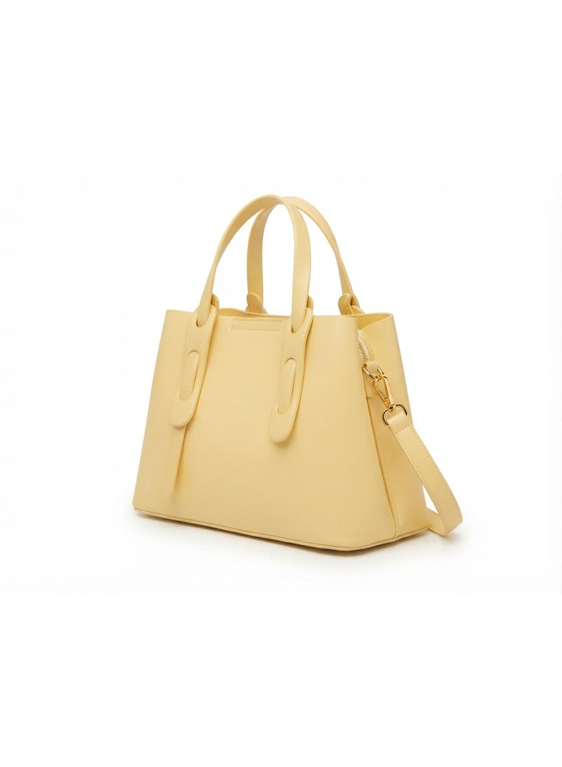 Women's Structured Faux Leather Handbag with Gold-Tone Accents, Light Yellow - Image 1