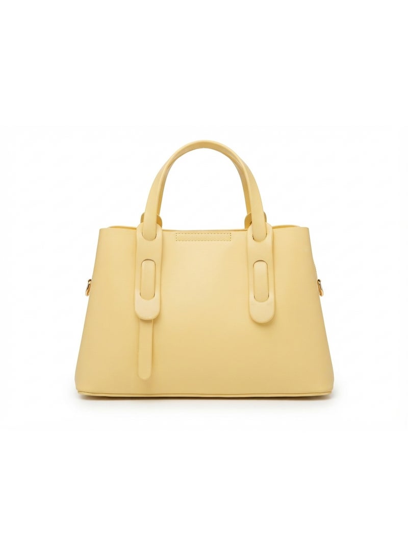 Women's Structured Faux Leather Handbag with Gold-Tone Accents, Light Yellow - Image 3