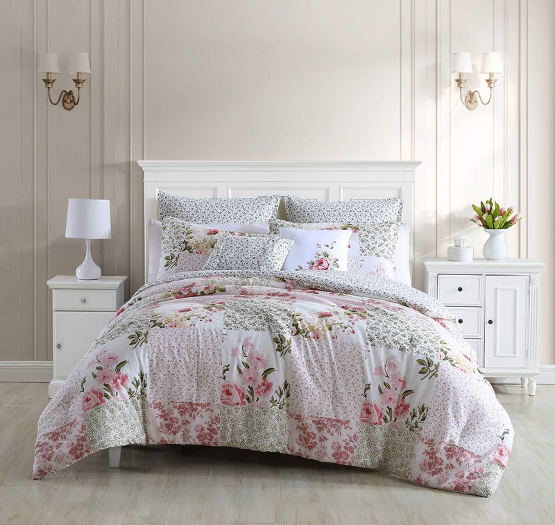 Laura Ashley Home Laura Ashley Home  King Comforter Set Reversible Cotton Bedding Includes Matching Shams with Bonus Euro Shams  Throw Pillows Ailyn Pink King