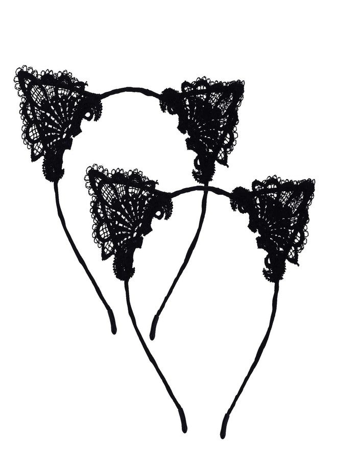 WLLHYF 2 PCS Lace Cat Ears Headband Black Halloween Costume Hairband Party Hoop Head Birthday Fancy Dress Headwear Festival Cosplay Hair Accessories for Women Girls - Image 1