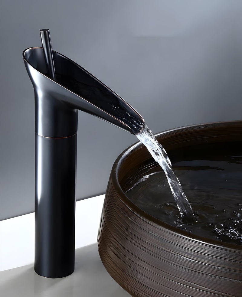 24x7 eMall Black Waterfall Basin Mixer for Bathroom Toilet Wash Basins Hot and Cold Water (Without pop-up) (Midnight Waterfall) Black, Brass Material, 12 Inches - Image 1