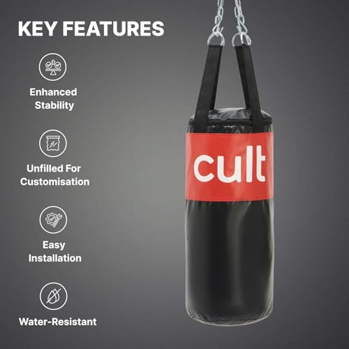 Cult Punching Bag 3ft Unfilled with Hanging Chain & Hand Wrap – Durable Training Bag for Boxing, Kickboxing, Karate, Taekwondo & MMA – Portable & Ideal for Home Gym Workouts - Black & Red - Image 4