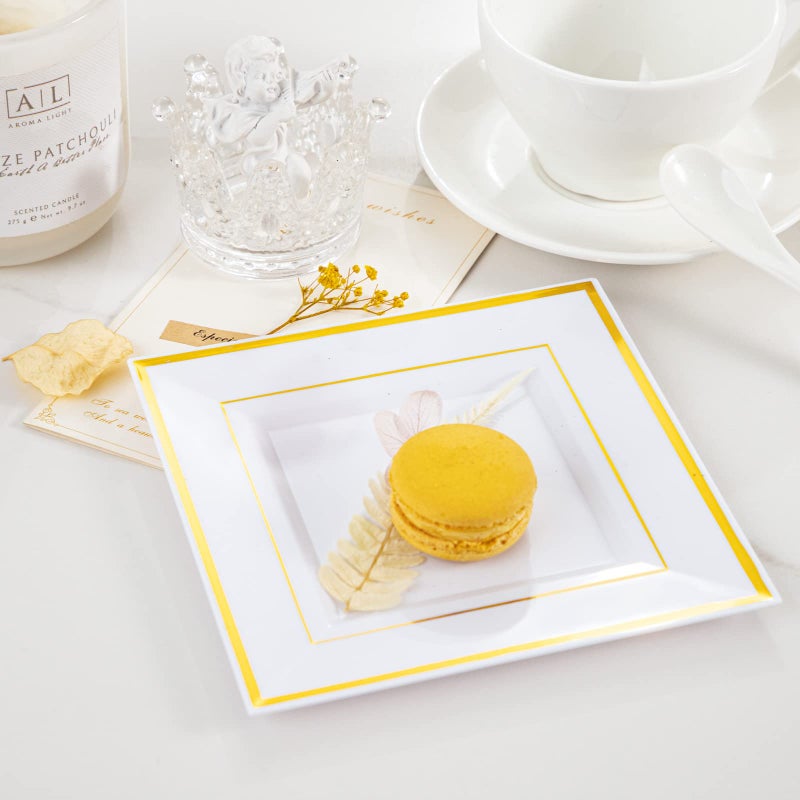 bUCLA 100PCS Gold Square Plastic Plates - 6inch Disposable Dessert/Cake Plates - Premium Hard Square Small Appetizer Plates for Wedding&Party - Image 2