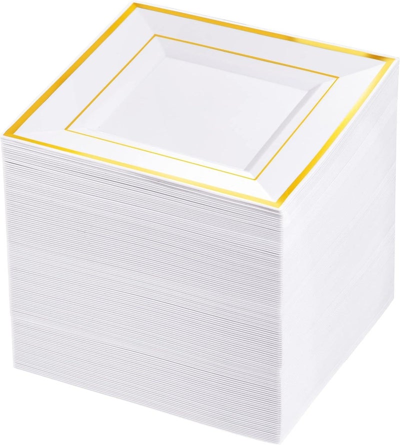 bUCLA 100PCS Gold Square Plastic Plates - 6inch Disposable Dessert/Cake Plates - Premium Hard Square Small Appetizer Plates for Wedding&Party - Image 1