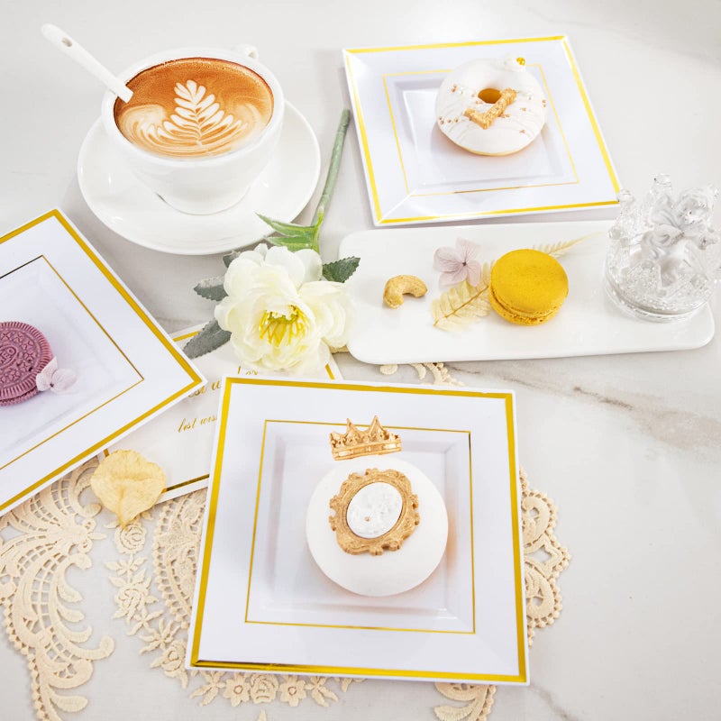 bUCLA 100PCS Gold Square Plastic Plates - 6inch Disposable Dessert/Cake Plates - Premium Hard Square Small Appetizer Plates for Wedding&Party - Image 5