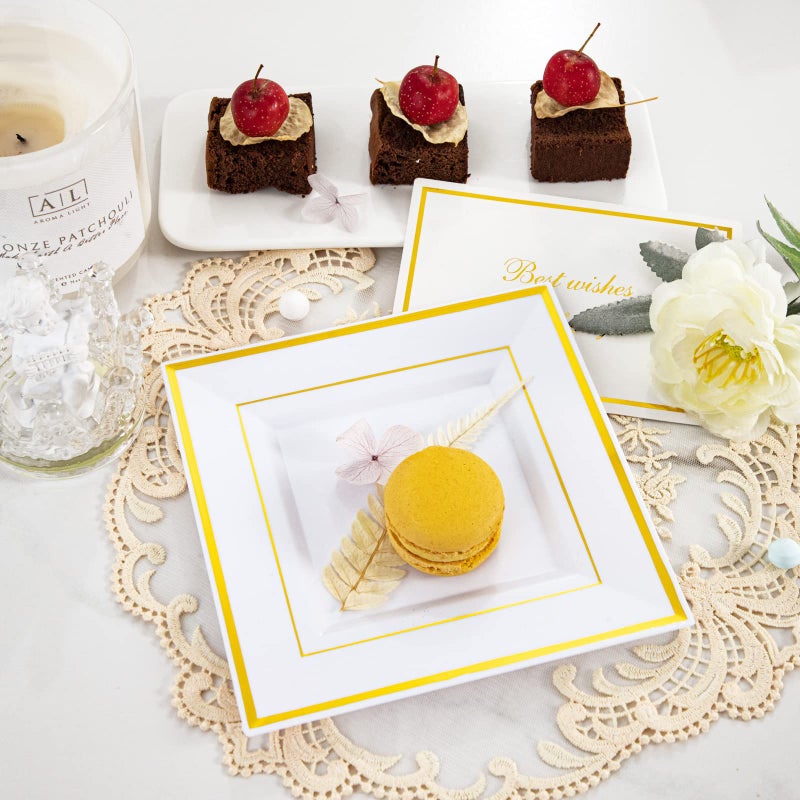 bUCLA 100PCS Gold Square Plastic Plates - 6inch Disposable Dessert/Cake Plates - Premium Hard Square Small Appetizer Plates for Wedding&Party - Image 4