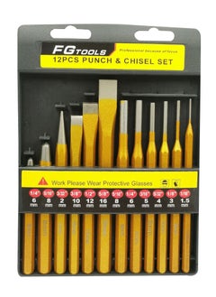أف جي مجموعة أدوات FG Tools المكونة من 12 قطعة من المثقب والإزميل - مجموعة أدوات تشغيل المعادن شديدة التحمل مصنوعة من الفولاذ المقوى للثقب الدقيق والنقش بالإزميل  - Image 1