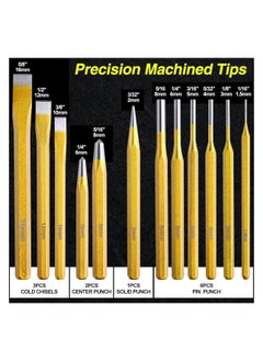 أف جي مجموعة أدوات FG Tools المكونة من 12 قطعة من المثقب والإزميل - مجموعة أدوات تشغيل المعادن شديدة التحمل مصنوعة من الفولاذ المقوى للثقب الدقيق والنقش بالإزميل  - Image 2