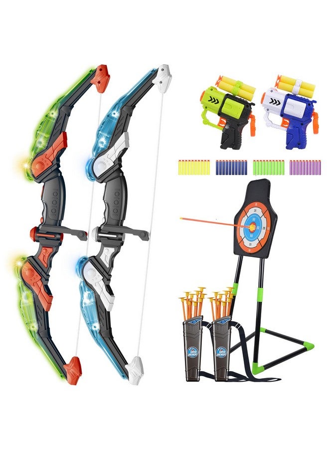 2win2buy طقم قوس وسهم 2 حزمة مع ضوء LED، 2 سهم لعبة للأطفال من 4-12 سنة، لعبة رماية خارجية مع هدف، 20 سهم بكوب شفط، 40 رصاصة للأولاد والبنات، هدية مثالية - Image 1