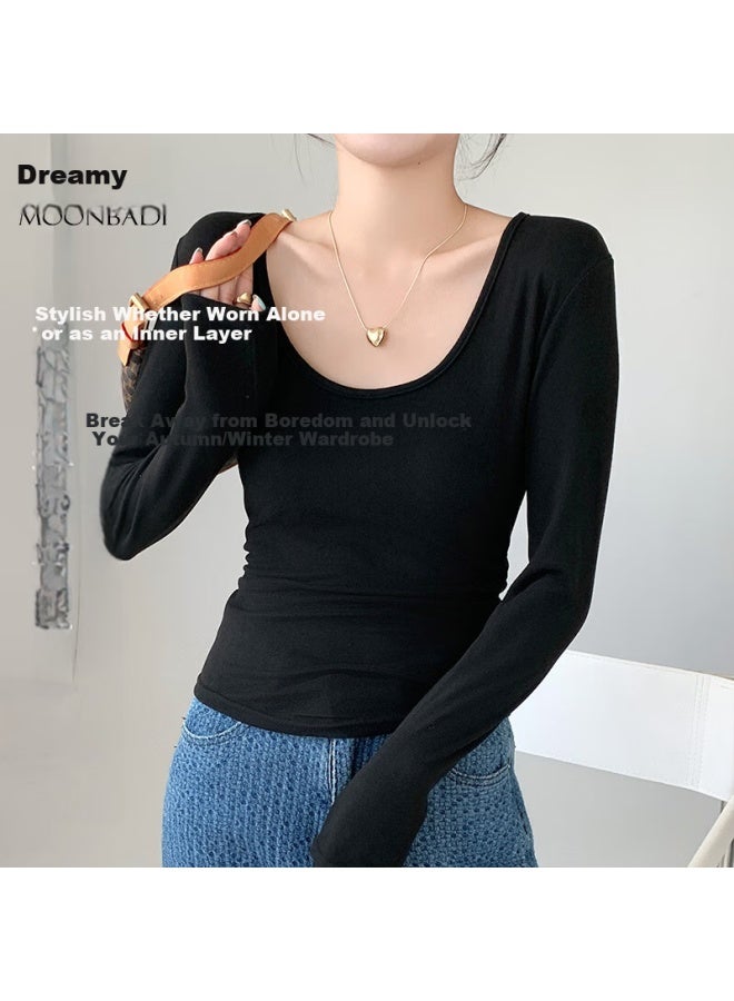 Moonbadi Women's Autumn And Winter Basic Shirt Retro Large U-neck Fashion Simple Inner Wear Slimming And Slimming All-match Warm Long-sleeved Top - Image 1