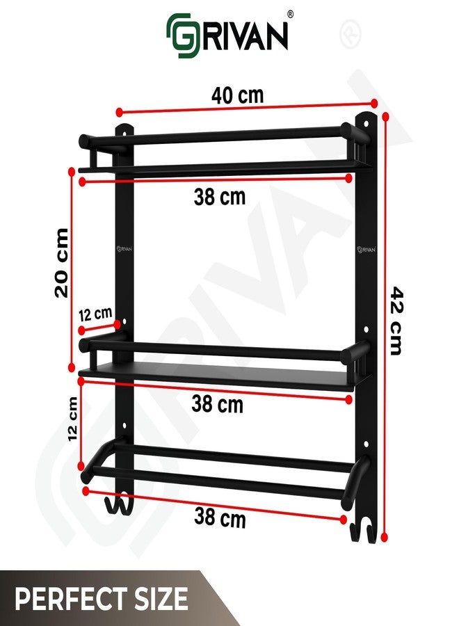 GRIVAN Stainless Steel 3-Tier Bathroom Shelf Rack Stand with Dual Towel Rod | Multipurpose Bathroom Accessories Set (Black Matte) - Image 2