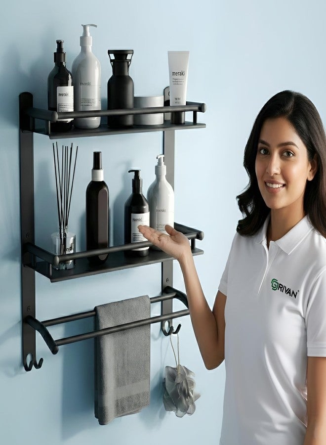 GRIVAN Stainless Steel 3-Tier Bathroom Shelf Rack Stand with Dual Towel Rod | Multipurpose Bathroom Accessories Set (Black Matte) - Image 1