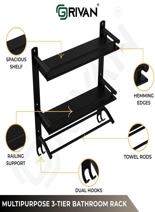 GRIVAN Stainless Steel 3-Tier Bathroom Shelf Rack Stand with Dual Towel Rod | Multipurpose Bathroom Accessories Set (Black Matte) - Image 3