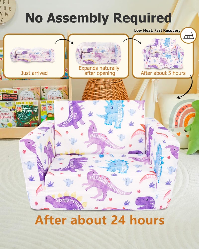 Beavtaens Kids Couch, 2-in-1 Kids Fold Out Couch, Convertible Sofa to Lounger for Girls and Boys, Soft Toddler Chairs Comfy 1-3 Years Old - White Dinosaur - Image 3
