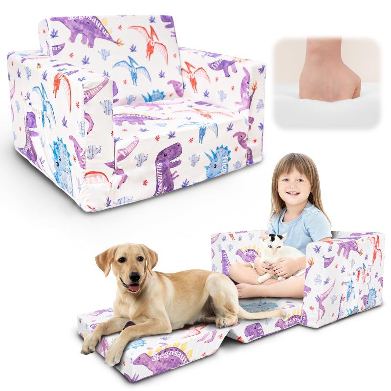 Beavtaens Kids Couch, 2-in-1 Kids Fold Out Couch, Convertible Sofa to Lounger for Girls and Boys, Soft Toddler Chairs Comfy 1-3 Years Old - White Dinosaur - Image 1
