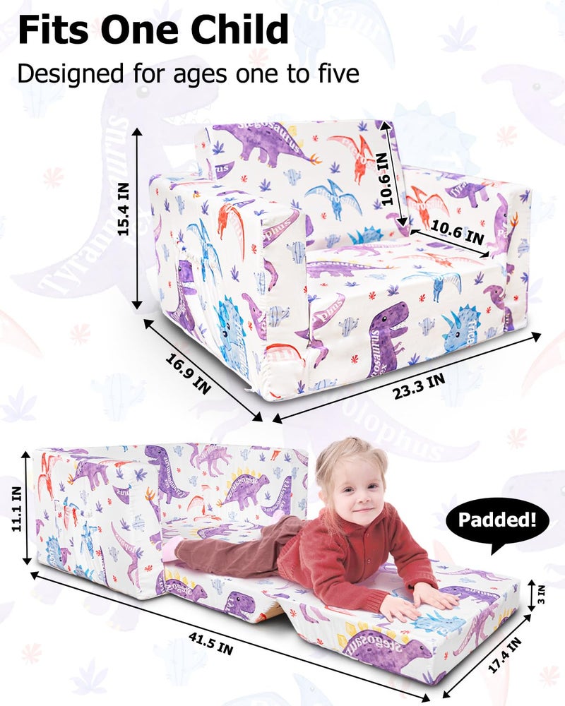 Beavtaens Kids Couch, 2-in-1 Kids Fold Out Couch, Convertible Sofa to Lounger for Girls and Boys, Soft Toddler Chairs Comfy 1-3 Years Old - White Dinosaur - Image 5