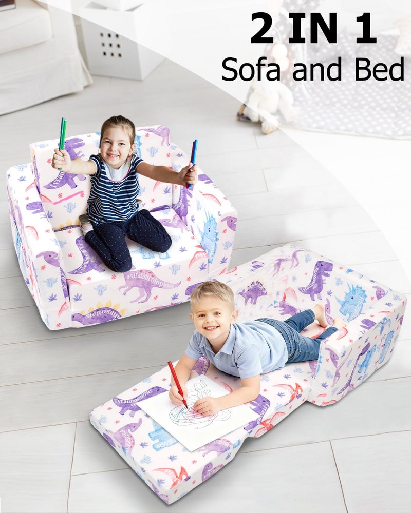 Beavtaens Kids Couch, 2-in-1 Kids Fold Out Couch, Convertible Sofa to Lounger for Girls and Boys, Soft Toddler Chairs Comfy 1-3 Years Old - White Dinosaur - Image 2