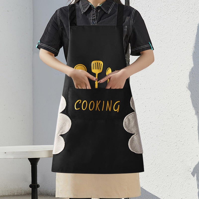 ATRDTO Women Kitchen Apron with Hand Wipe Pocketsï¼ŒBig Pocket,Hand-wiping, Waterproof for Cooking Baking-Black - Image 3