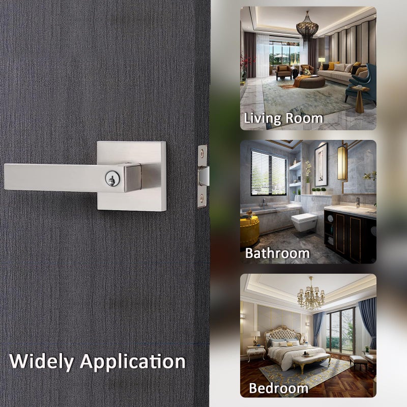 DSJJBLL Door Handle Heavy Duty, Keyed Alike Entry Door Lever, Door Knobs with Lock and Key, Square Door Lever in Satin Nickel for Bedroom, Bathroom and Front Door - Image 2