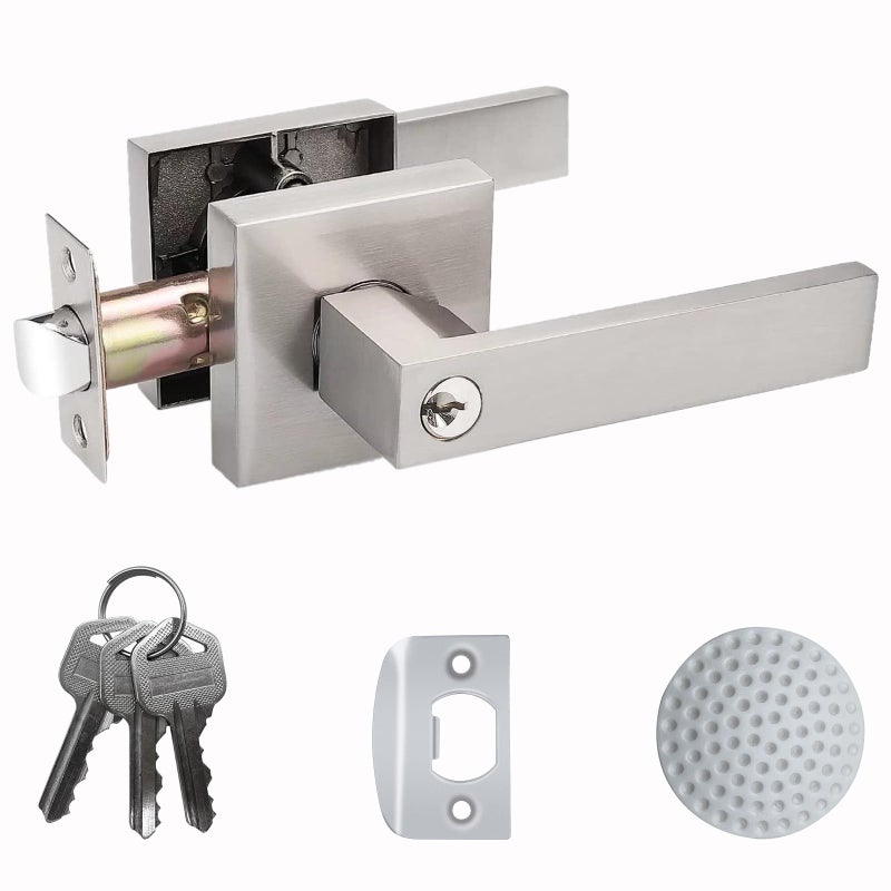 DSJJBLL Door Handle Heavy Duty, Keyed Alike Entry Door Lever, Door Knobs with Lock and Key, Square Door Lever in Satin Nickel for Bedroom, Bathroom and Front Door - Image 1