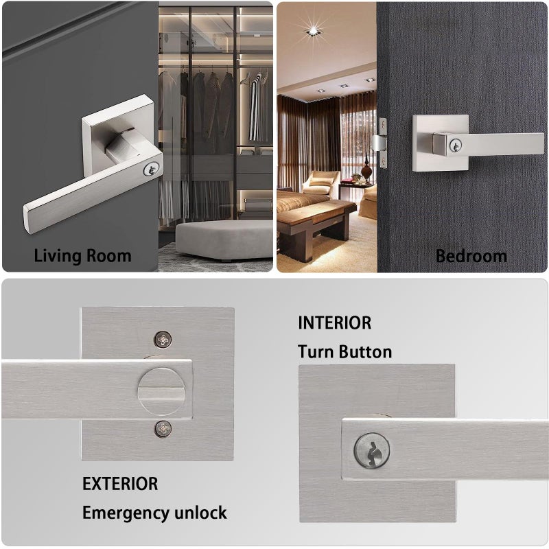 DSJJBLL Door Handle Heavy Duty, Keyed Alike Entry Door Lever, Door Knobs with Lock and Key, Square Door Lever in Satin Nickel for Bedroom, Bathroom and Front Door - Image 5