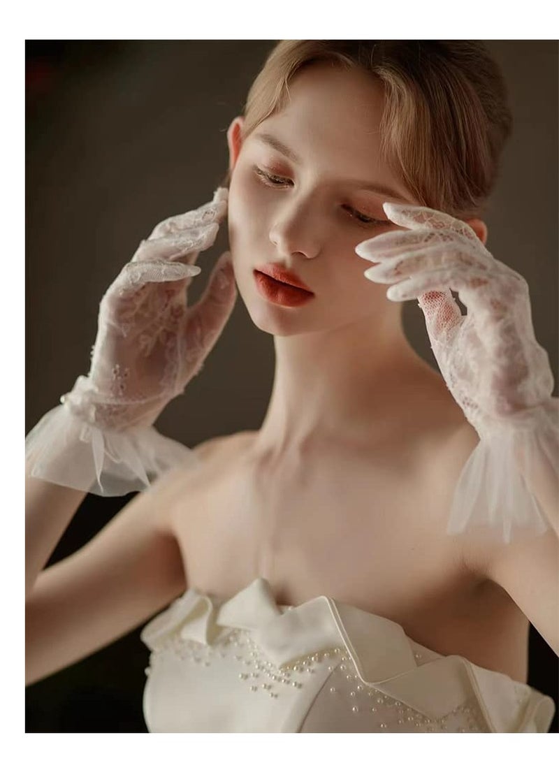 Barakah Short Lace Mesh Gloves Tulle Border with Pearls Wedding Opera Tea Party Gloves for Women Formal - Image 3