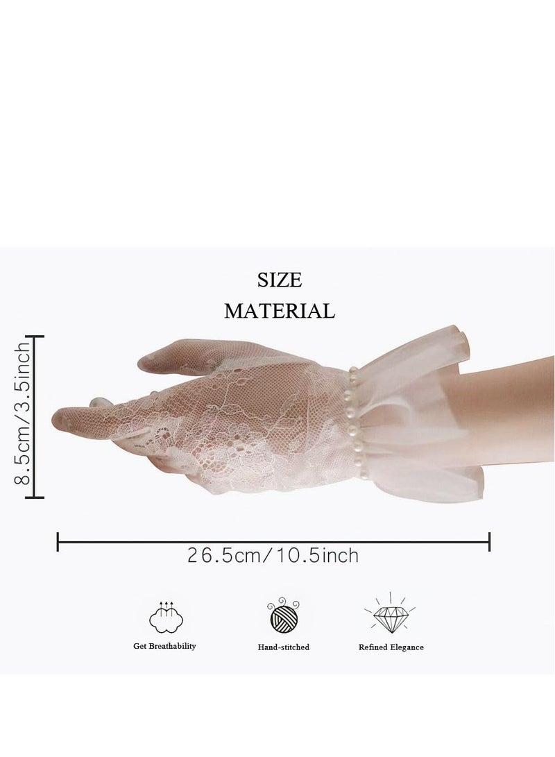 Barakah Short Lace Mesh Gloves Tulle Border with Pearls Wedding Opera Tea Party Gloves for Women Formal - Image 4