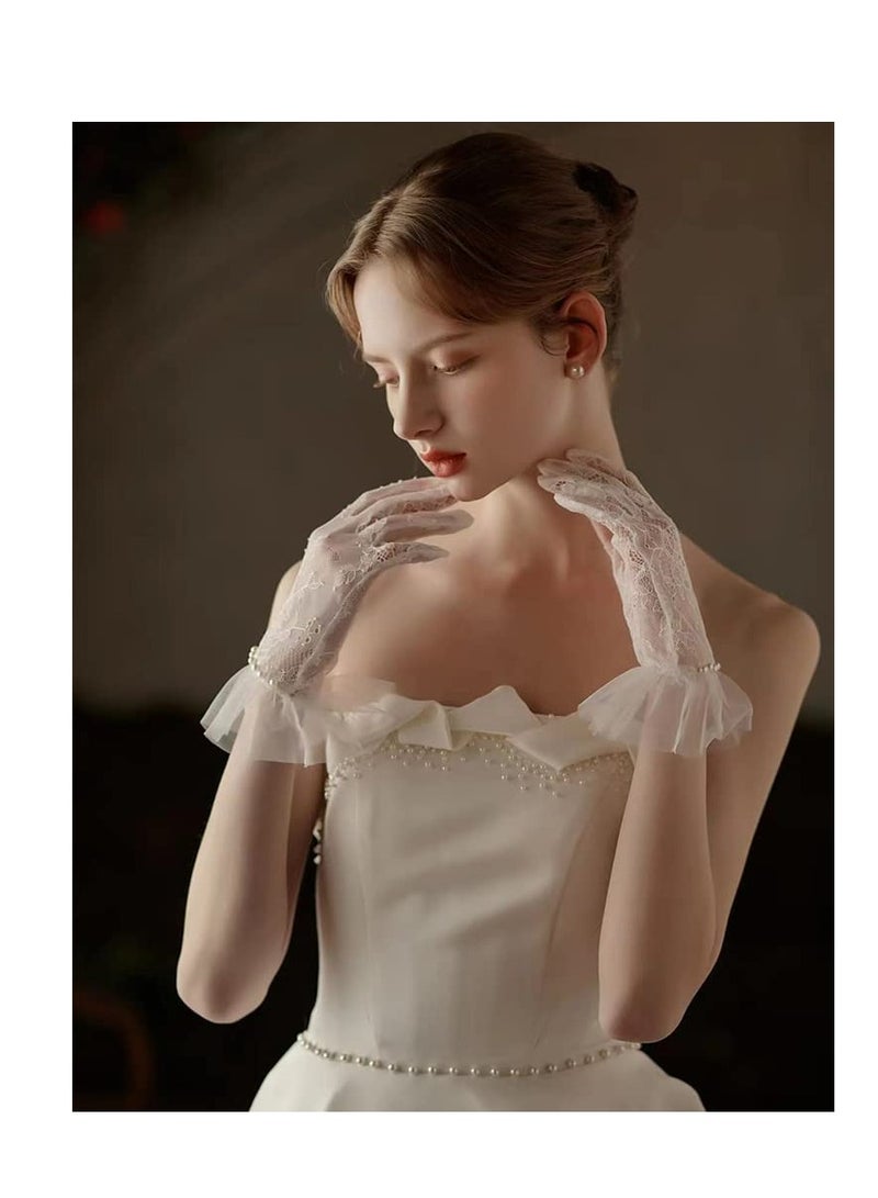 Barakah Short Lace Mesh Gloves Tulle Border with Pearls Wedding Opera Tea Party Gloves for Women Formal - Image 5