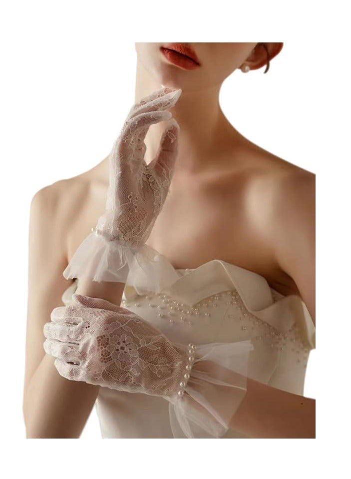 Barakah Short Lace Mesh Gloves Tulle Border with Pearls Wedding Opera Tea Party Gloves for Women Formal - Image 1