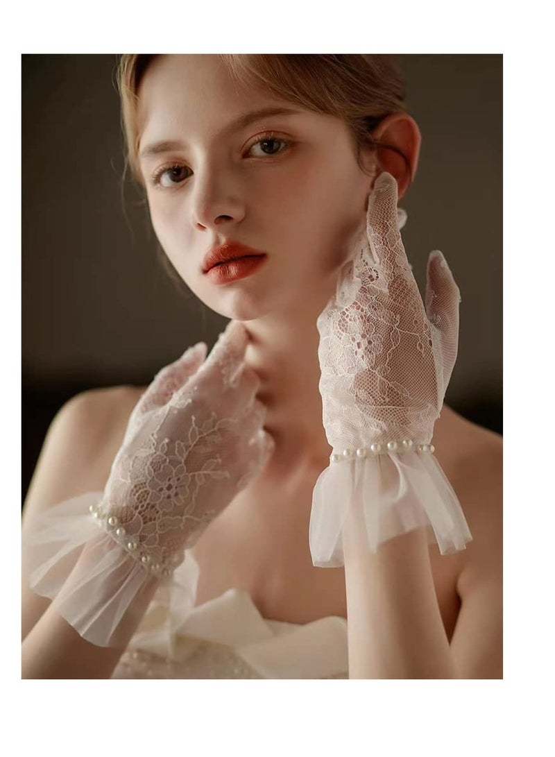 Barakah Short Lace Mesh Gloves Tulle Border with Pearls Wedding Opera Tea Party Gloves for Women Formal - Image 2