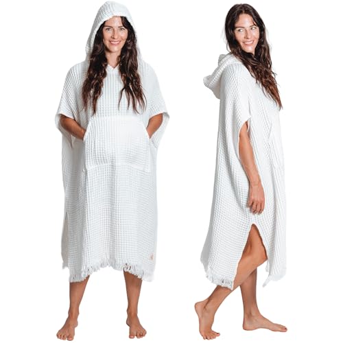Nova Blue White Waffle Poncho Towel – White Hooded Beach Towel Adult (33 X 37) – 100% Turkish Cotton Quick Dry - Beach Accessories for Vacation - Image 1