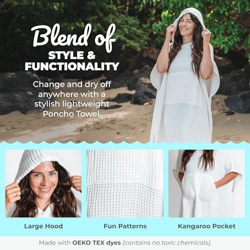 Nova Blue White Waffle Poncho Towel – White Hooded Beach Towel Adult (33 X 37) – 100% Turkish Cotton Quick Dry - Beach Accessories for Vacation - Image 4