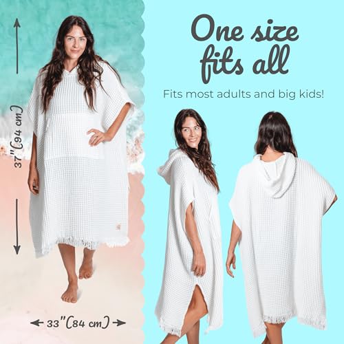 Nova Blue White Waffle Poncho Towel – White Hooded Beach Towel Adult (33 X 37) – 100% Turkish Cotton Quick Dry - Beach Accessories for Vacation - Image 3