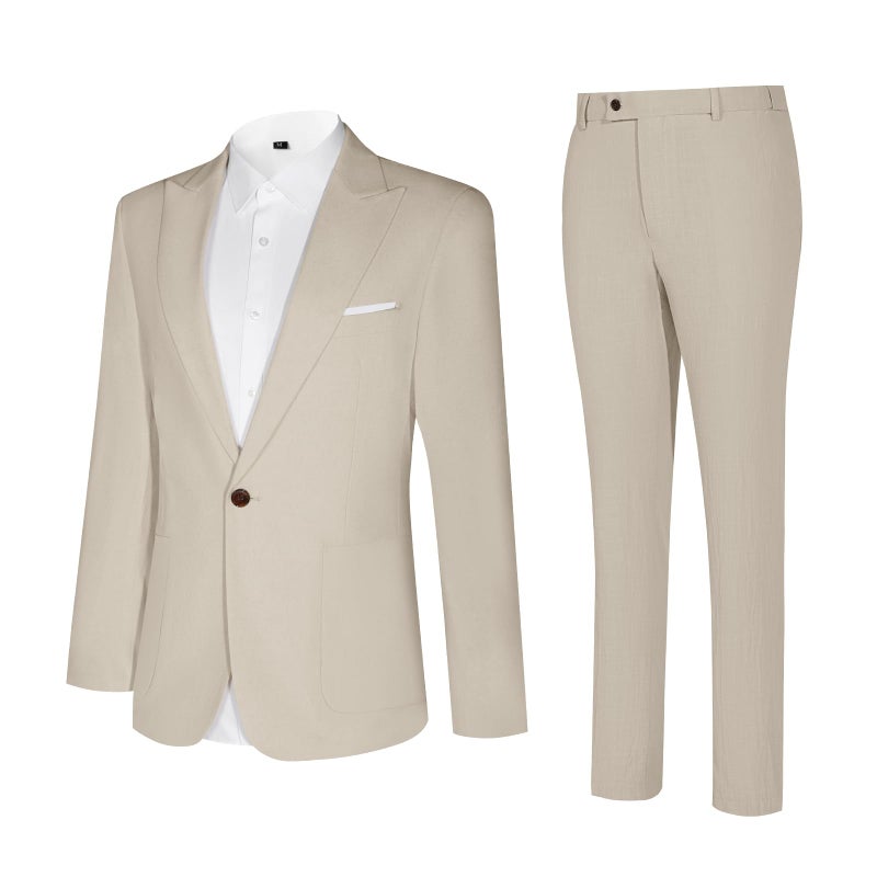 Diaryan Linen Men Suit Beige 2 Piece One Button Classic Fit Dress Suit Solid Jacket and Trousers Set for Wedding Business M - Image 3