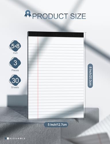 Aidunmis 3 Pack Small Legal Pads 5x8 White Notepads Paper Tablets 5x8 Legal Pad 80 GSM Lined Note Pads of Paper 5x8 College Ruled Writing Pads 30 Sheets/Pad, 25 Lines Note Pads for School, Office - Image 2