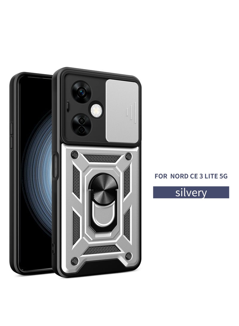 TEAM LUXURY OnePlus Nord N30 5G / OnePlus Nord CE 3 Lite 5G Silver Mobile Phone Case Cover, Slide Camera Lens Cover + 360°Rotating Kickstand Ring + Bumper Shockproof Phone Case 