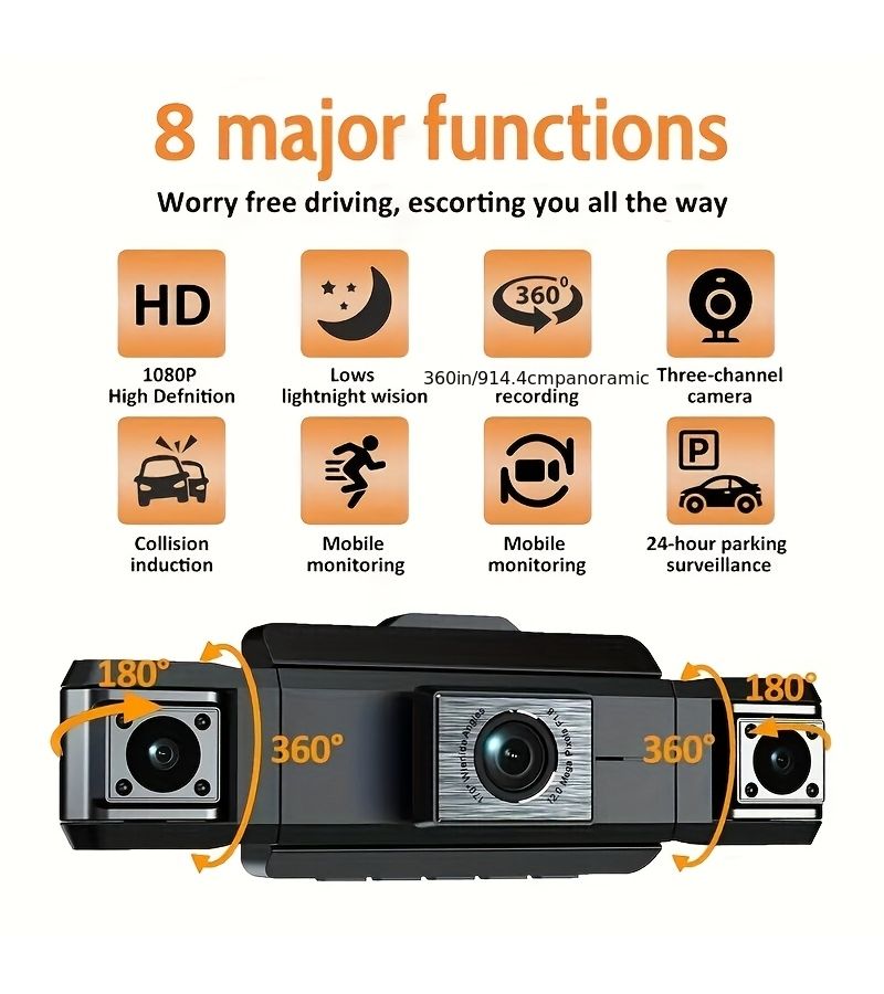 Three Cameras On The Front Left And Right Sides Of The Car 1080P FHD Front Facing 720P Rear Left Right Lenses 360 Degree Panoramic Recording 64G Card Included - Image 3