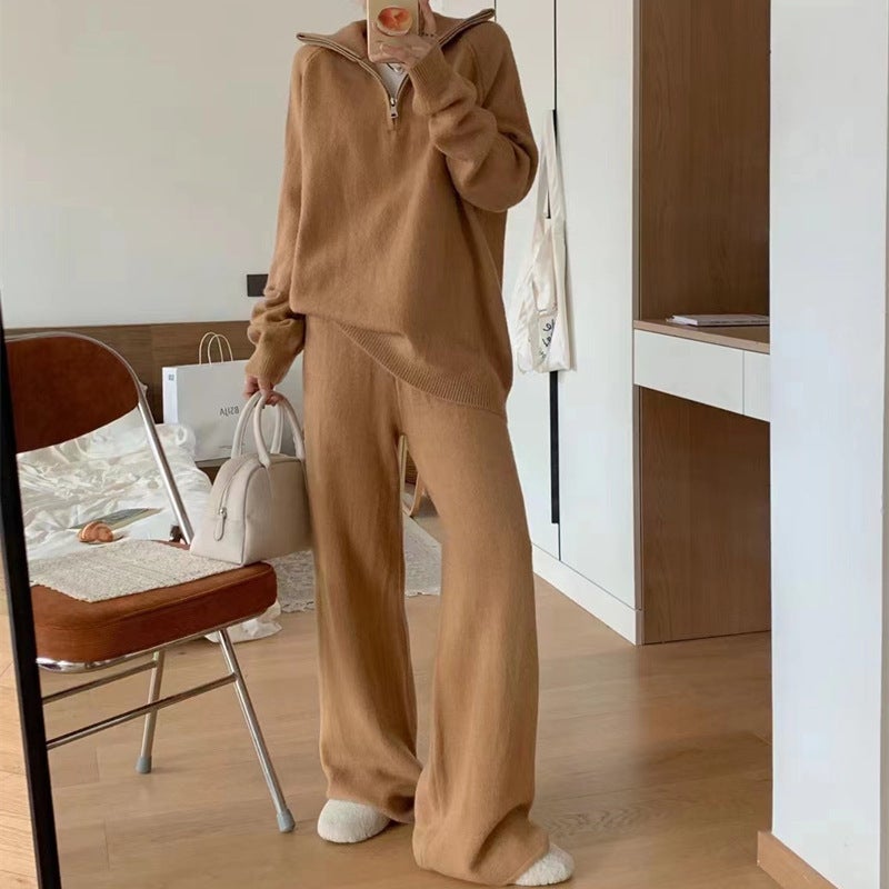 Chic Knit Sweater Pant Set Womens Casual Autumn Winter Khaki - Image 3