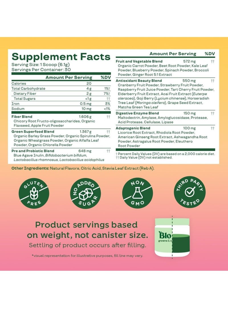 بلوم التغذية Bloom Nutrition Superfood Greens Powder, إنزيمات الجهاز الهضمي مع البروبيوتيك والبريبايوتكس, صحة الأمعاء, تخفيف الانتفاخ للنساء, الكلوريلا, مزيج العصير مع مسحوق جذر البنجر, 30 SVG, فاكهة العاطفة البرتقالية - Image 5