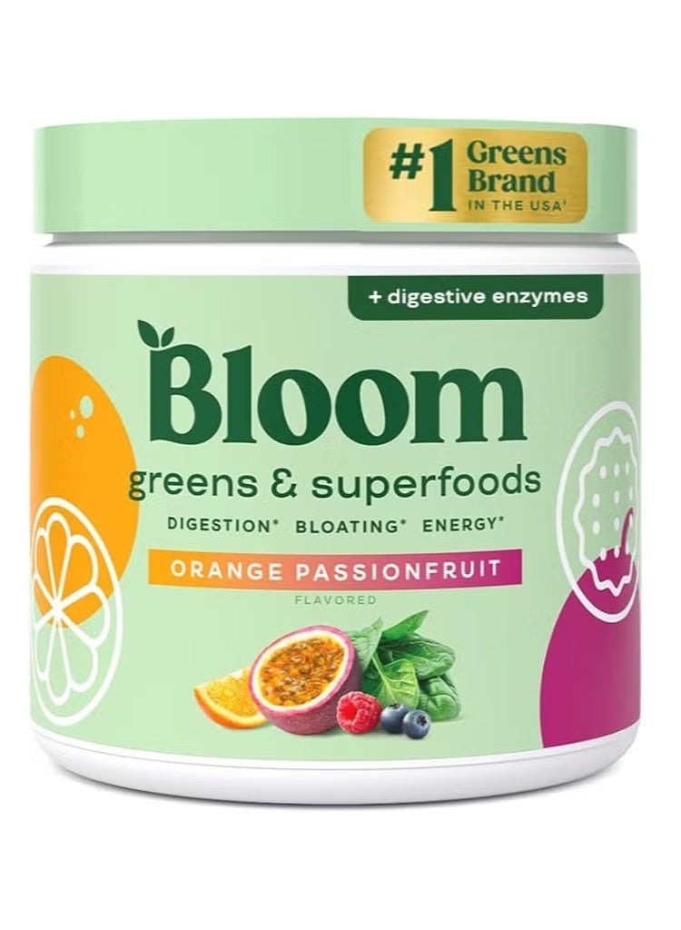 بلوم التغذية Bloom Nutrition Superfood Greens Powder, إنزيمات الجهاز الهضمي مع البروبيوتيك والبريبايوتكس, صحة الأمعاء, تخفيف الانتفاخ للنساء, الكلوريلا, مزيج العصير مع مسحوق جذر البنجر, 30 SVG, فاكهة العاطفة البرتقالية - Image 1