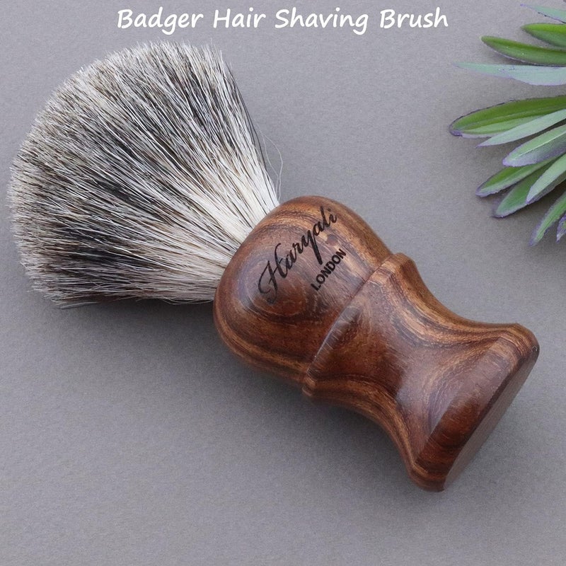 Haryali London 4pcs Wooden Shaving Set for Men Classic Wet Shave Kit with Cut Throat Razor Black Badger Hair Shaving Brush Shaving Soap Stainless Steel Shaving Bowl Mens Grooming Set for Beard Care - Image 3