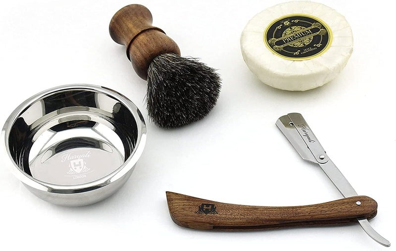 Haryali London 4pcs Wooden Shaving Set for Men Classic Wet Shave Kit with Cut Throat Razor Black Badger Hair Shaving Brush Shaving Soap Stainless Steel Shaving Bowl Mens Grooming Set for Beard Care - Image 2