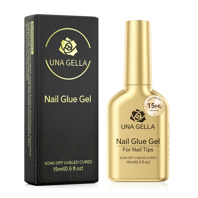 UNA GELLA 6 في 1 غراء أظافر جل للأظافر الأكريليكية الشفافة، 15 مل غراء أظافر UV طويل الأمد قوي جداً فرشاة لطبقة الأساس، أظافر مزيفة شفافة، ونصائح جل ناعمة تتطلب معالجة تحت المصباح - Image 1